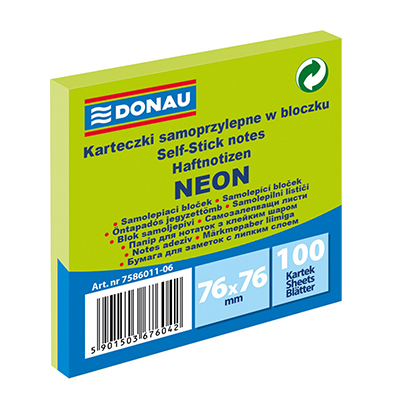 Стікер 76*76мм 100арк зелений NEON 7586011-06 (12) (DONAU)